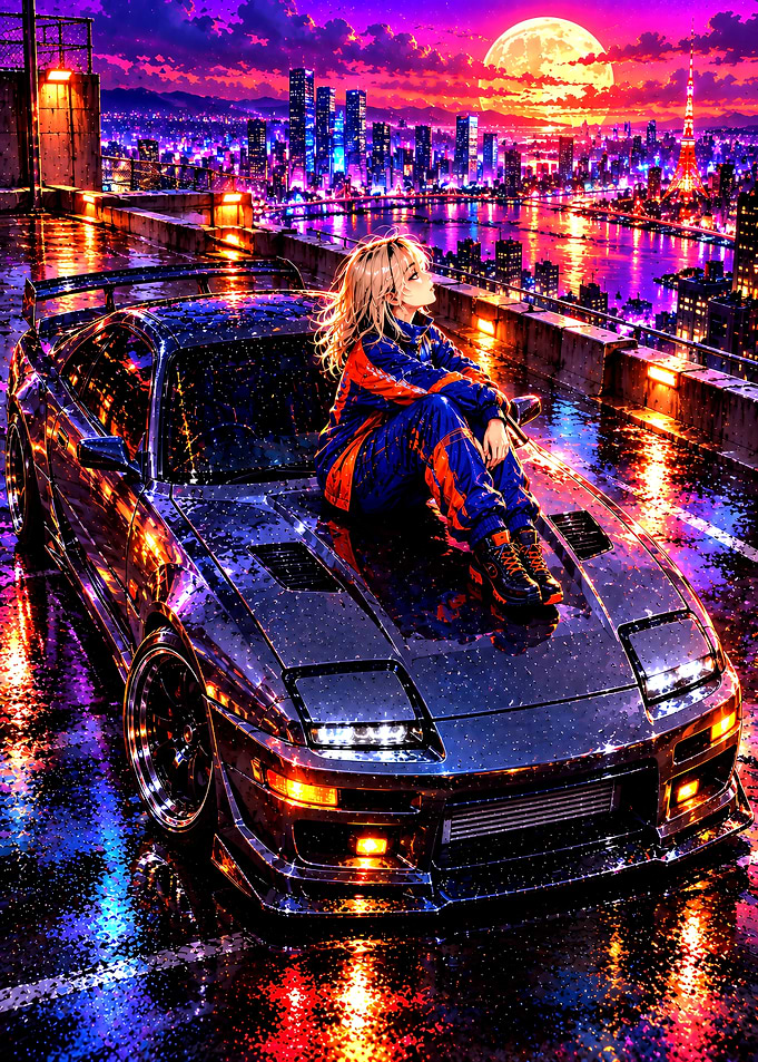 Anime Girl Sitting on Sports Car