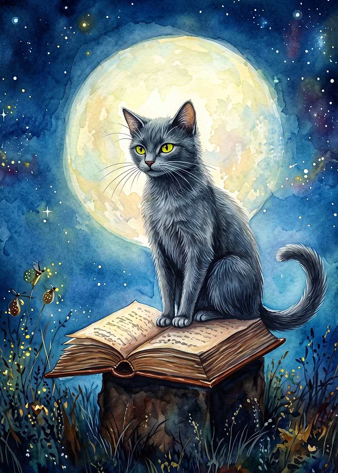 Cat Moon Book Watercolor Art Poster