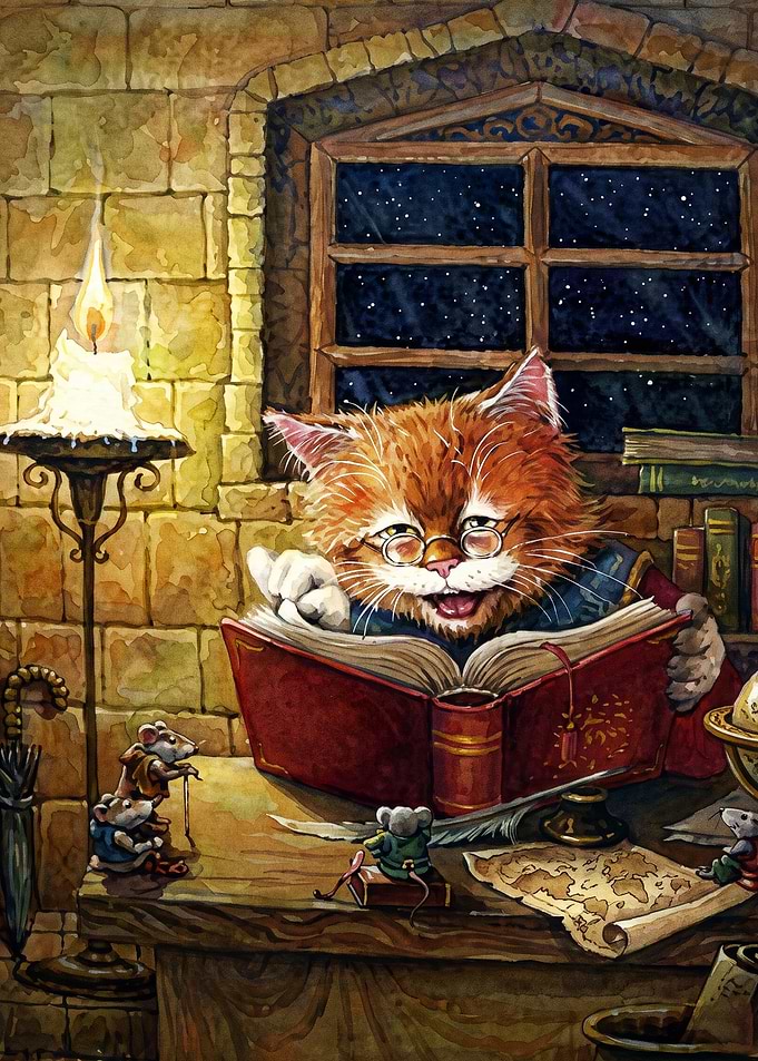 Cat Reading Book Fantasy Art Poster