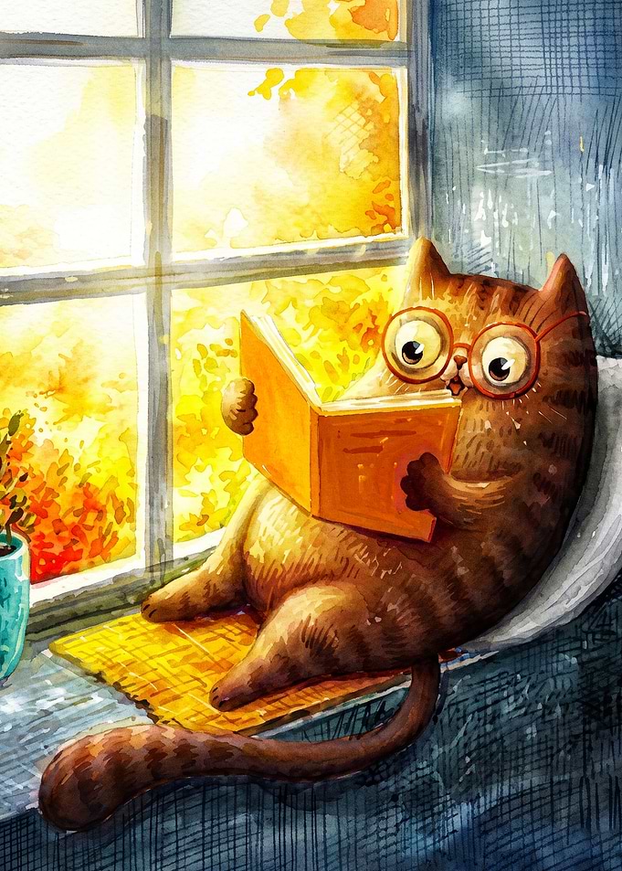 Cat Reading Book Watercolor Poster