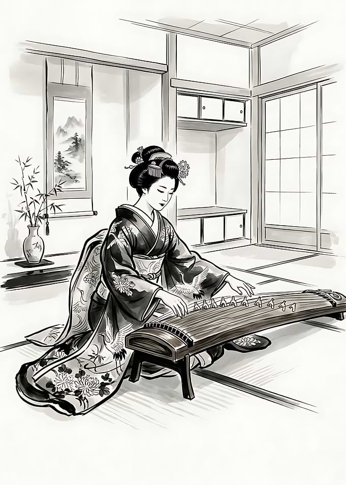 Geisha Playing Traditional Koto Instrument