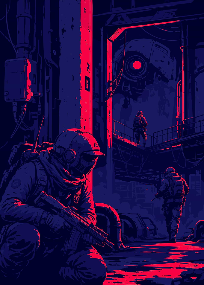 Cyberpunk Soldiers in Industrial Facility
