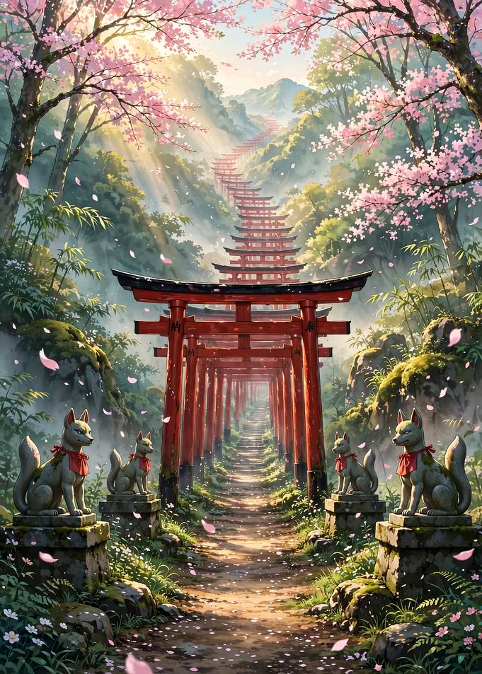Torii Gate Path with Fox Statues