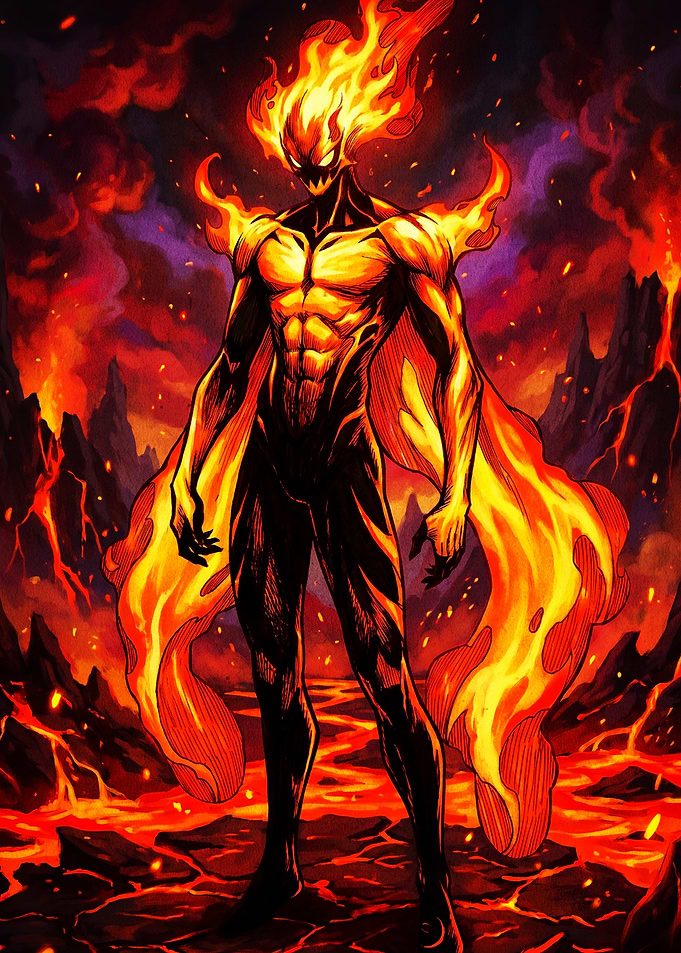Fiery Demon Warrior in Volcanic Landscape