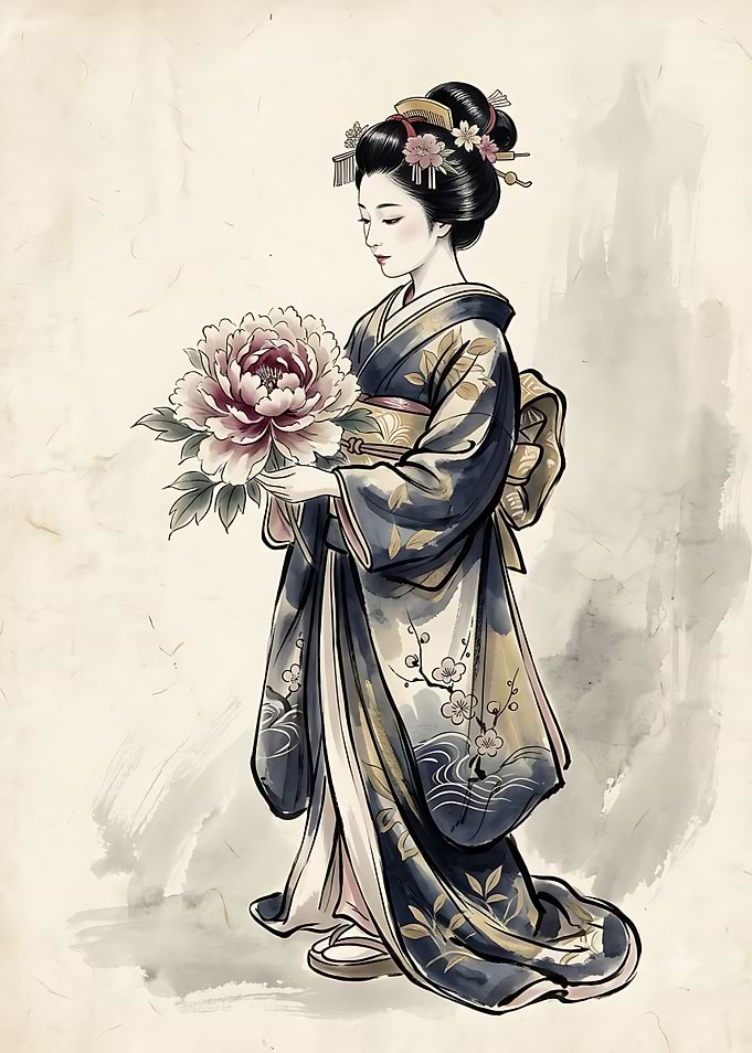 Elegant Geisha Holding a Peony