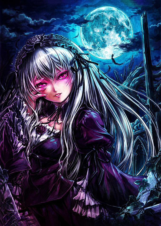 Gothic Anime Girl Under Full Moon