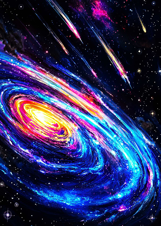 Vibrant Spiral Galaxy with Falling Meteors