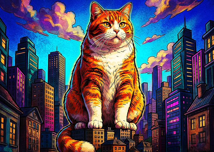 Giant Cat City Neon Retro Art
