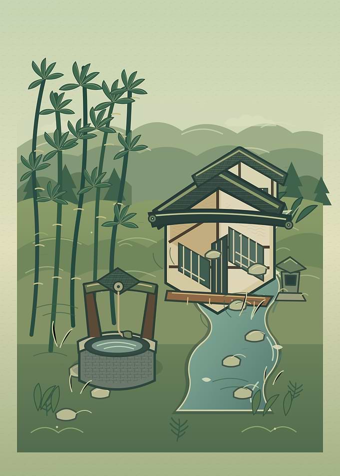 Minimalist Japanese Garden Landscape Illustration