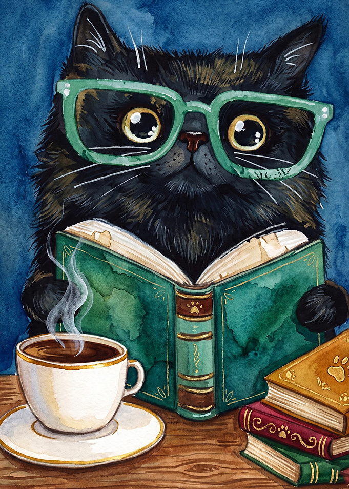 Black Cat Reading Book Watercolor A