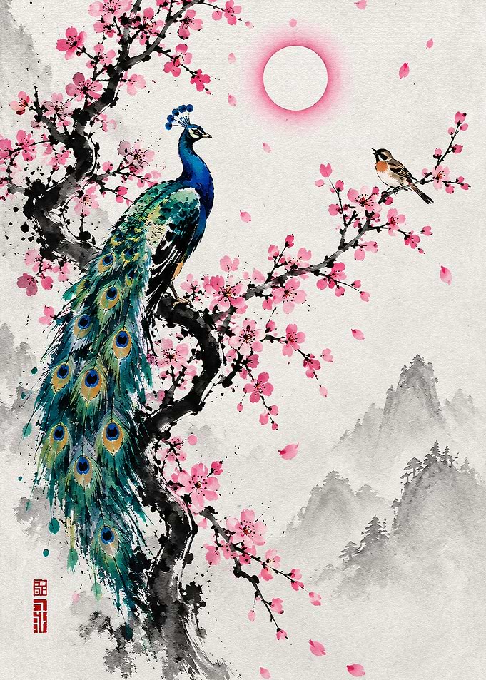 Peacock and Bird in Cherry Blossom