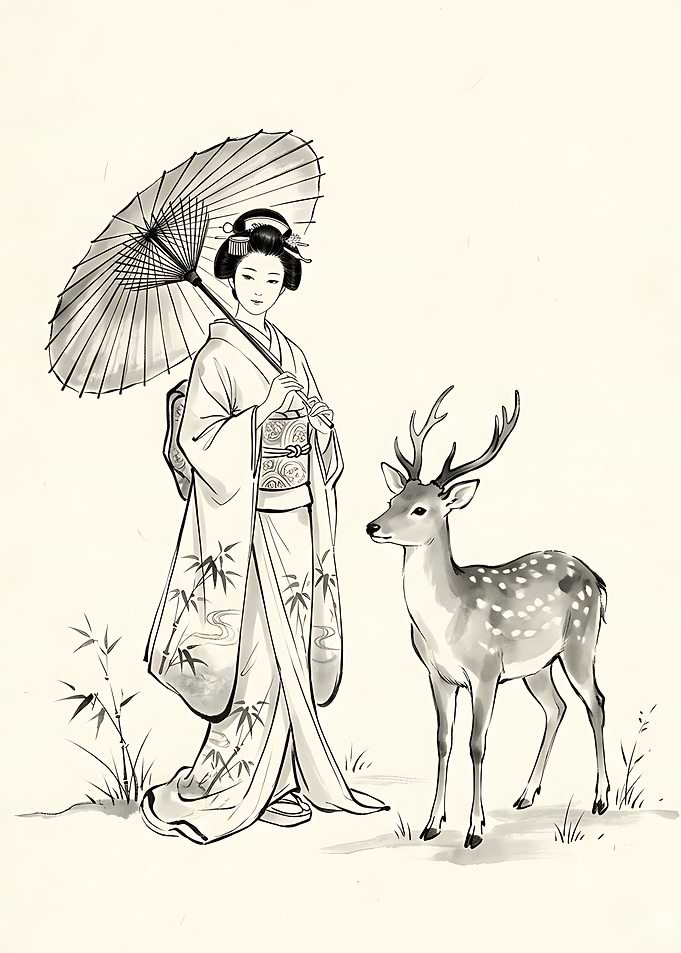 Geisha with Deer Ink Illustration