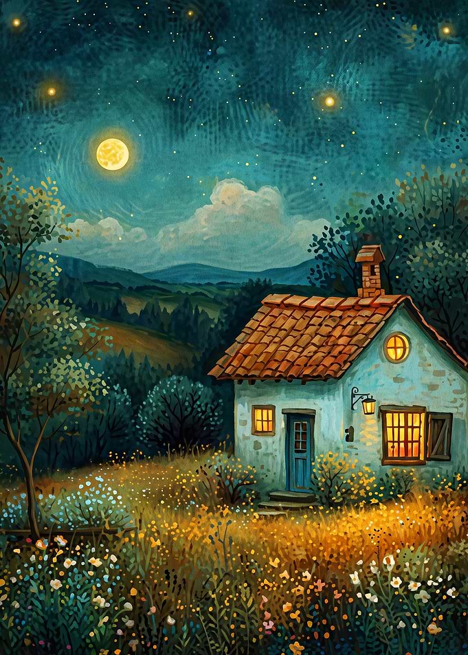 Cottage Nightscape Impasto Art