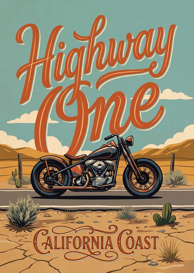 Vintage Highway 1 California Coast Motorcycle Art Poster, Retro Pacific Coast Highway Decor