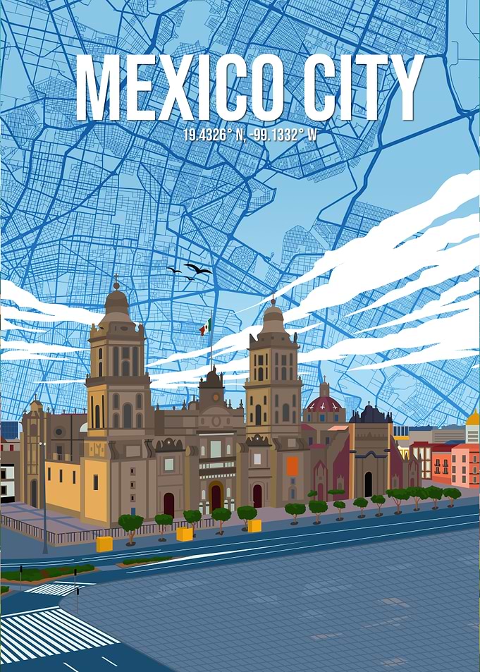 Mexico City Cathedral Travel Poster City Map
