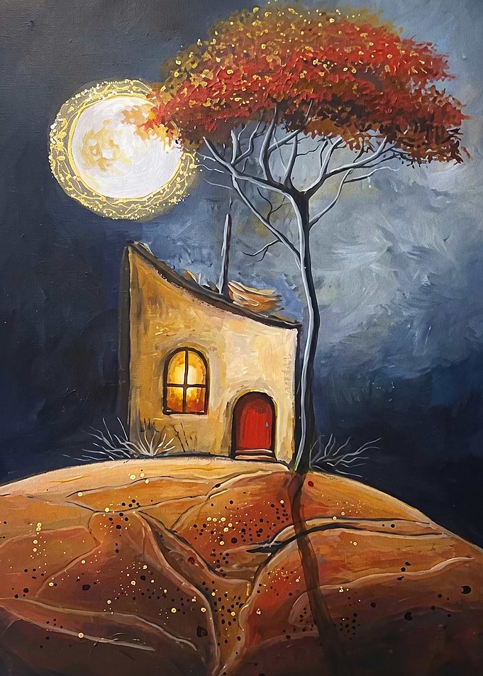 Cozy Cottage Moon Tree Surreal Art