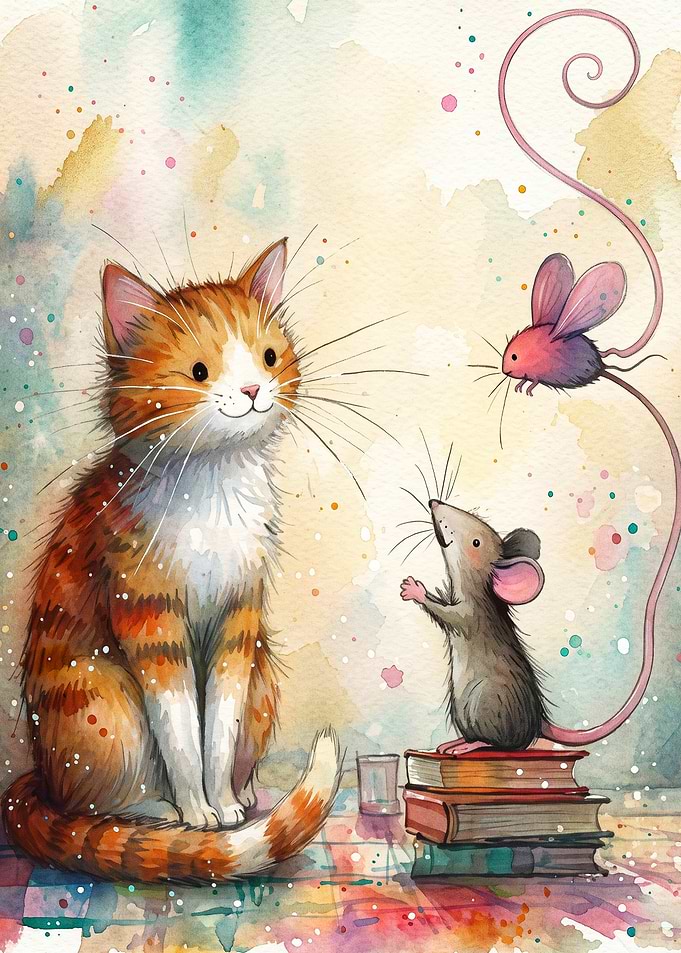 Cat Mouse Watercolor Whimsical Art