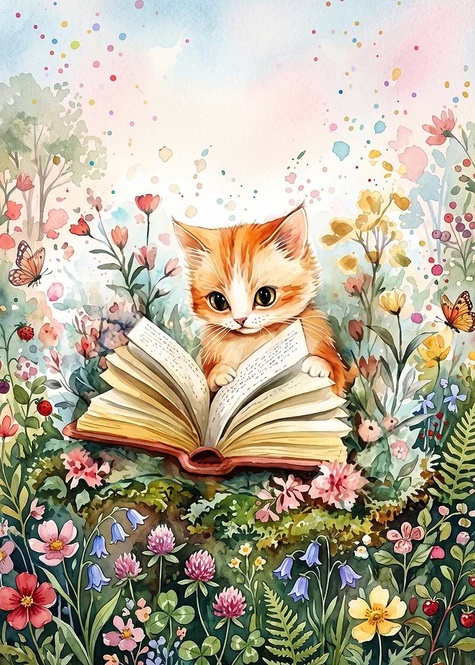 Cat Reading Book Watercolor Poster