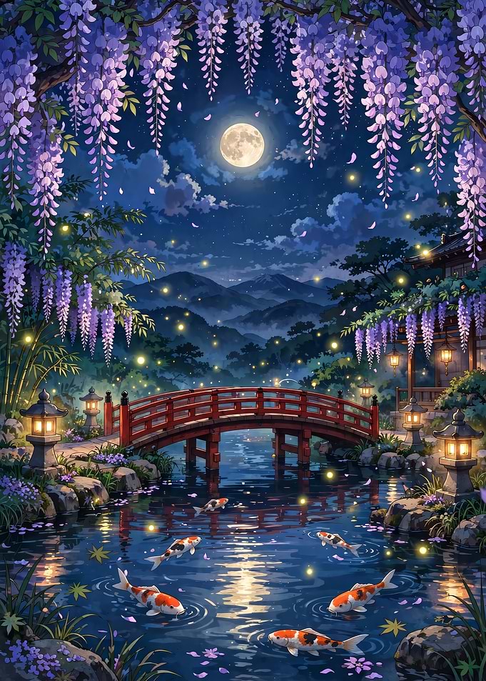 Moonlit Japanese Garden with Koi Pond