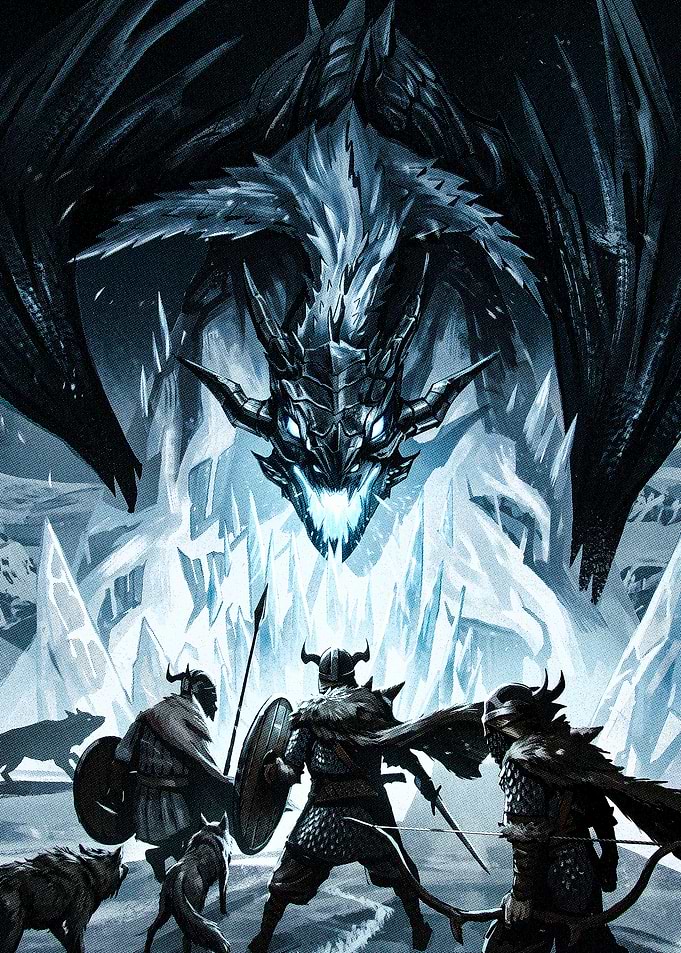 Viking Warriors Facing Ice Dragon