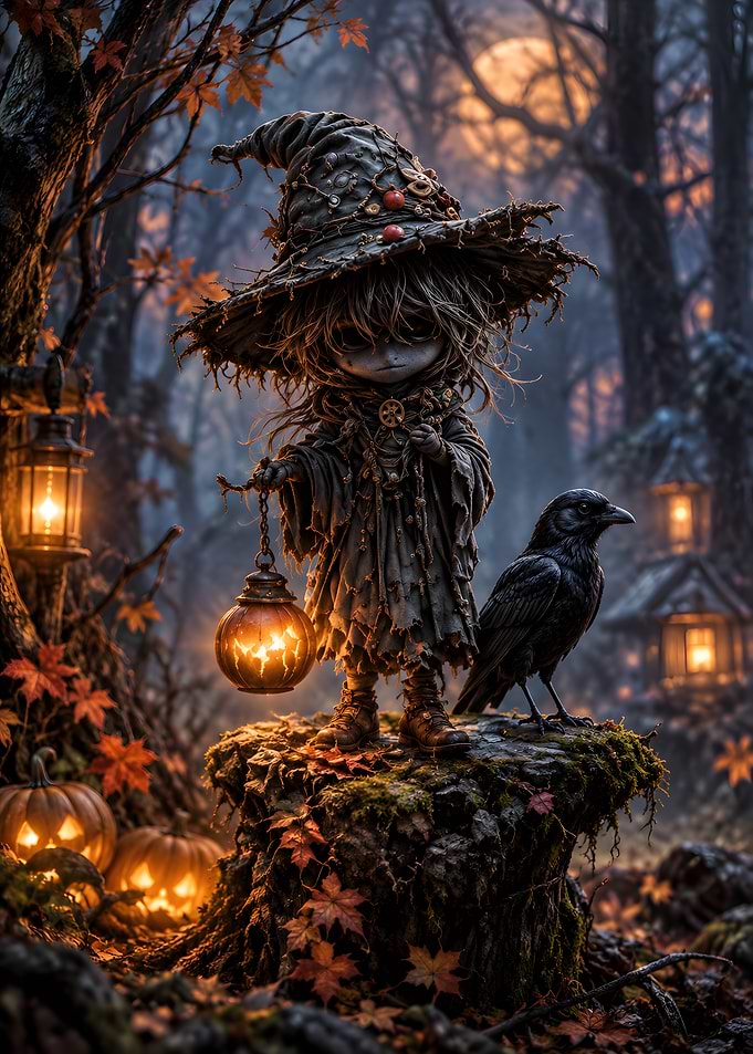 Little Witch with Lantern and Raven
