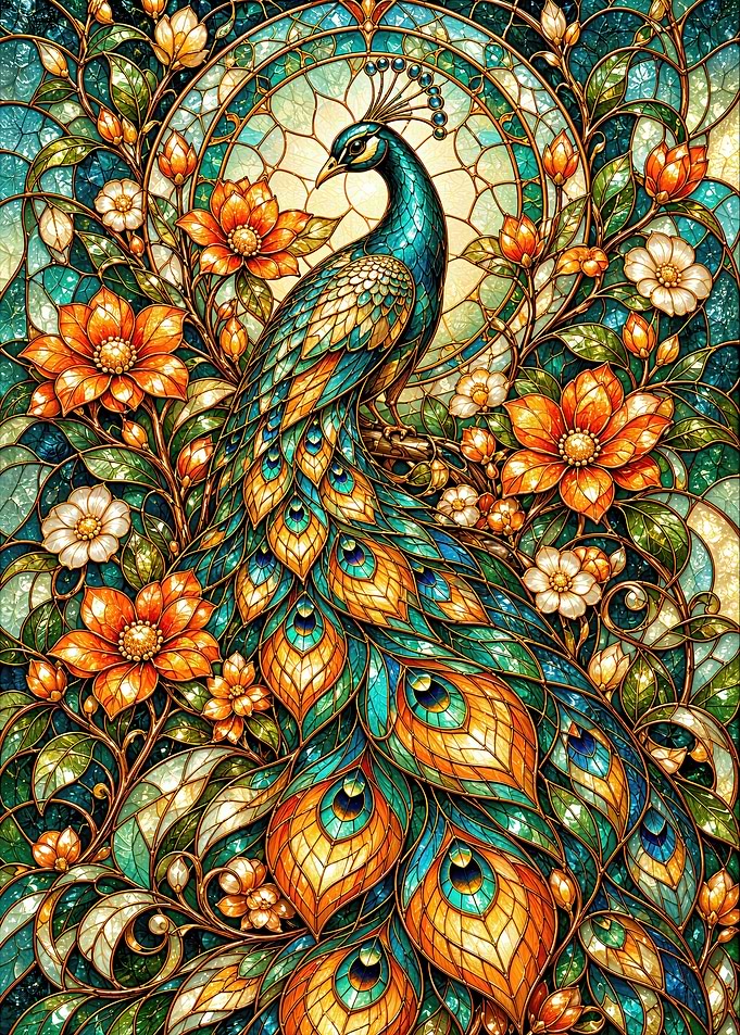 Stained Glass Peacock and Flowers