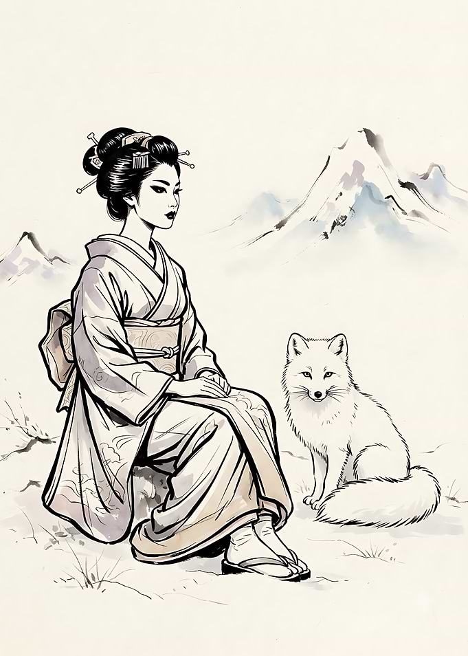 Geisha and Arctic Fox Illustration