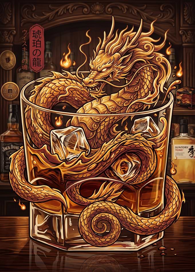 Golden Dragon Whiskey Glass Art