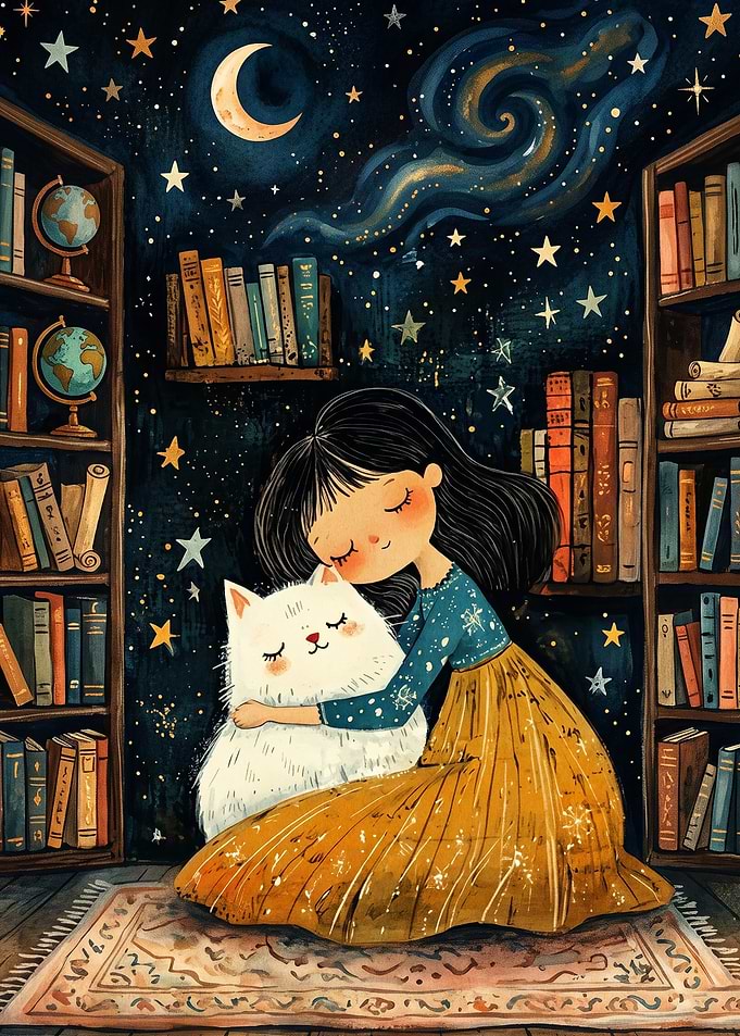 Library Cat Cute Cozy Fantasy Poste