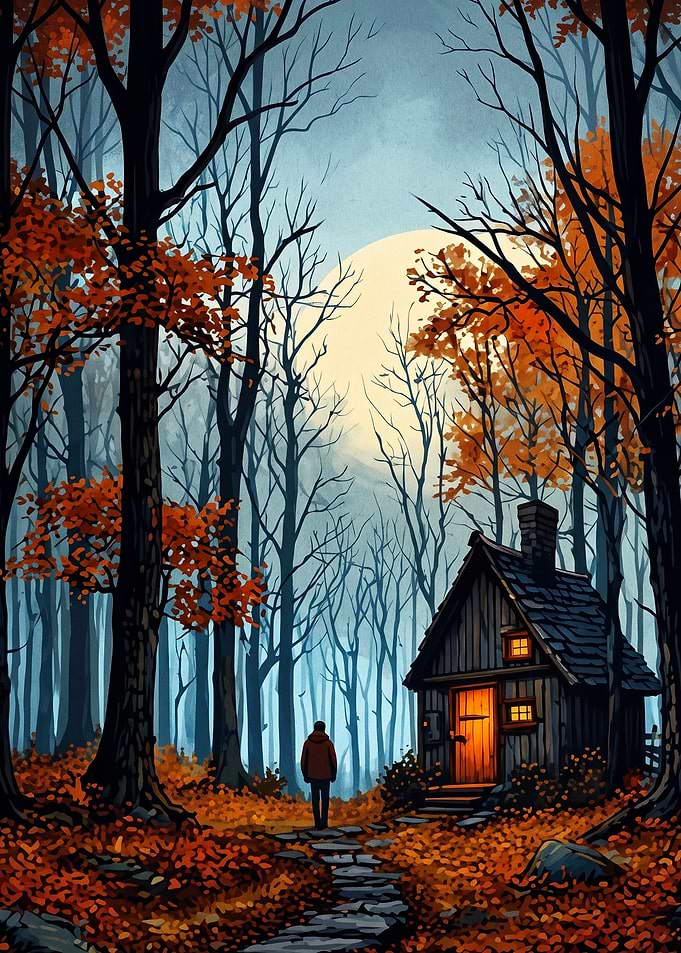 Autumn Cabin Forest Moonlit Art