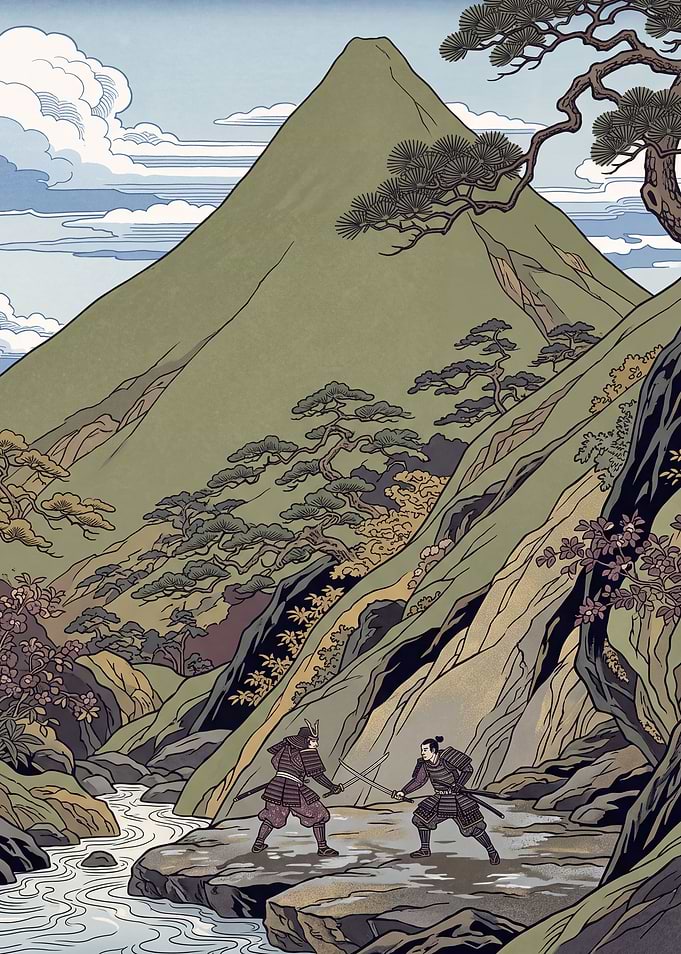 Nihonga Samurai Duel Beneath a Green Peak