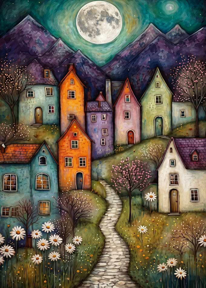 Whimsical Village Moonlit Art Poste