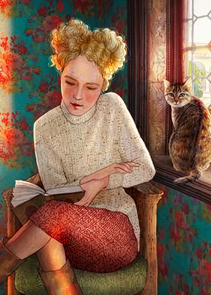 Girl Reading Book Cozy Art Poster