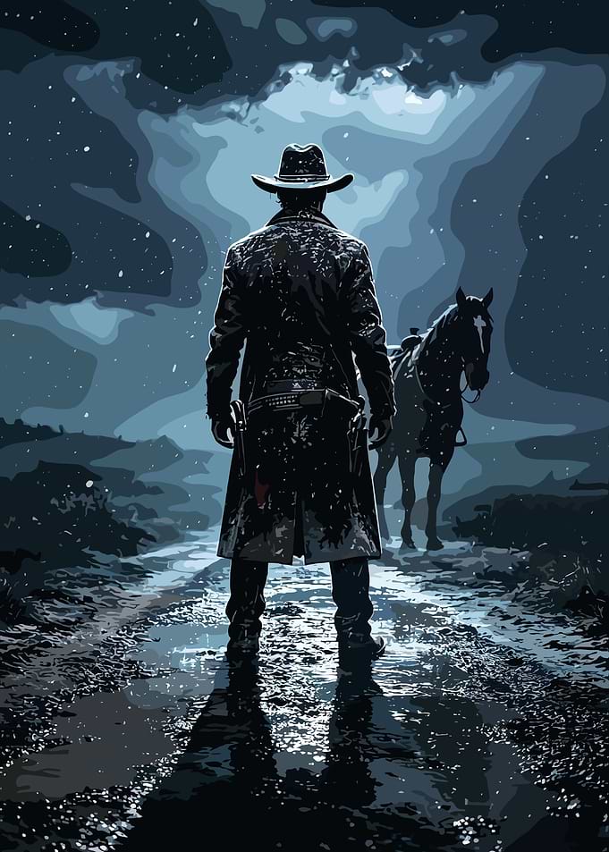 Lone Cowboy and Horse at Night