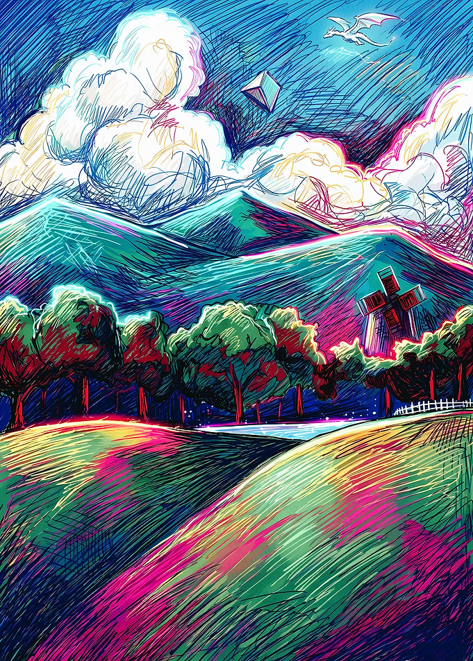 Vibrant Fantasy Landscape with Dragon