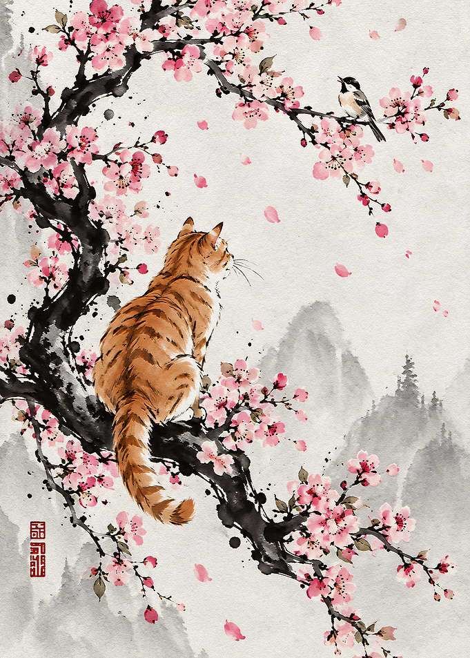Cat and Bird in Cherry Blossoms