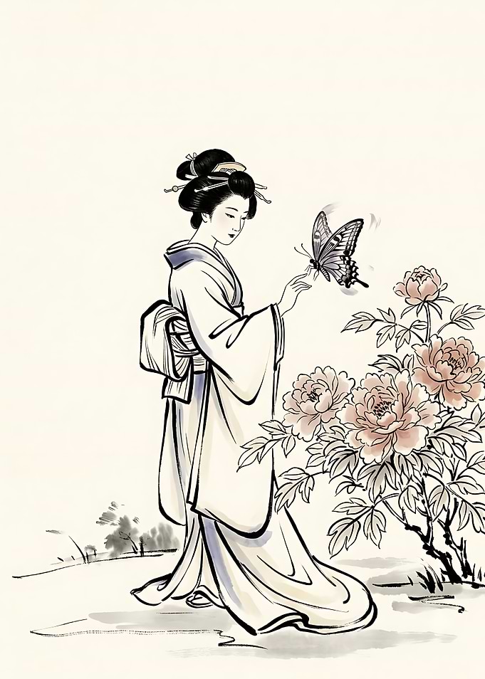 Geisha with Butterfly and Peonies