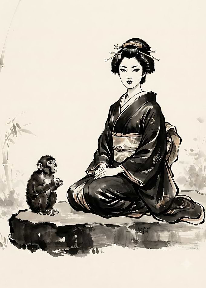 Geisha and Monkey Ink Illustration
