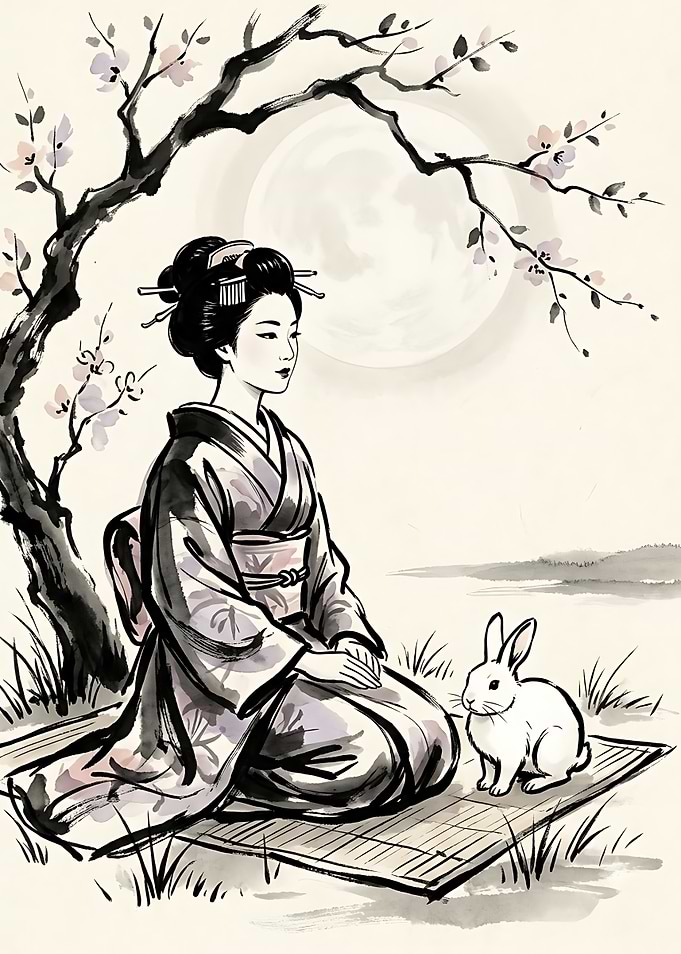 Geisha and Rabbit Under Moon