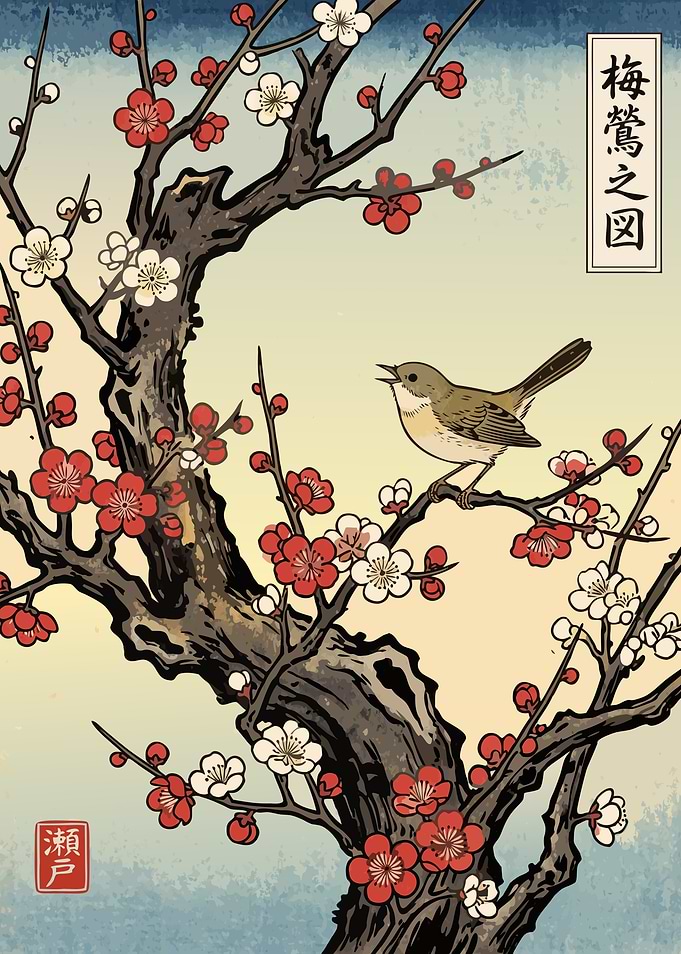 Plum Blossom and Bush Warbler, Japanese Ukiyo-e Art