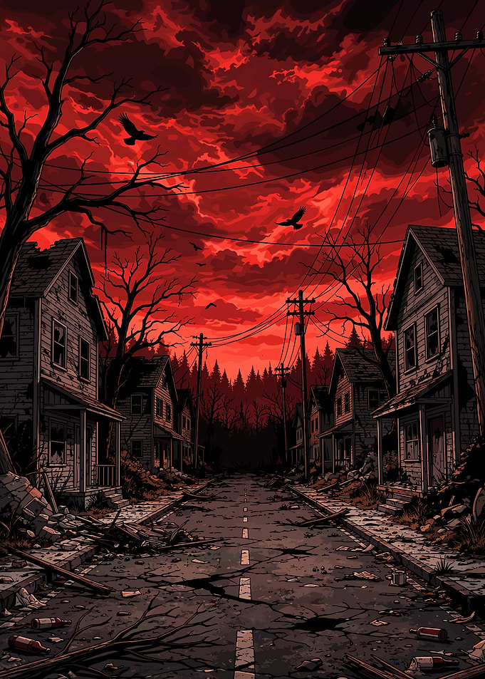Apocalyptic Abandoned Street Under Red Sky