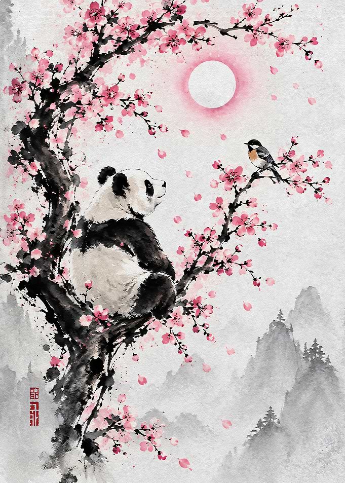 Panda and Bird in Cherry Blossom