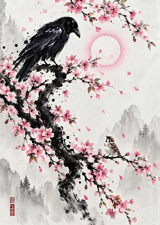 Crow and Sparrow on Cherry Blossom