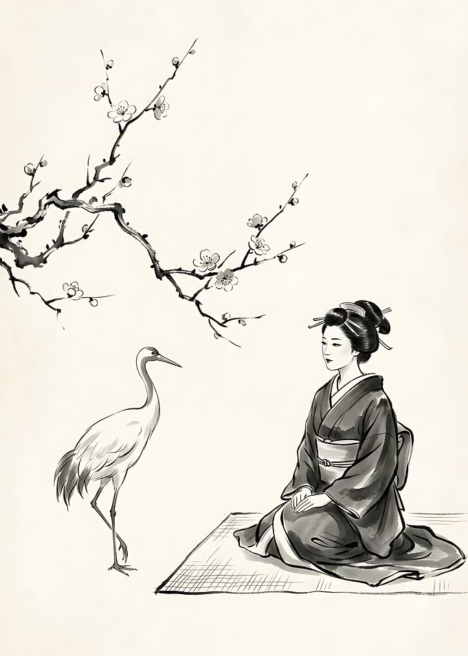 Geisha and Crane Ink Wash Painting
