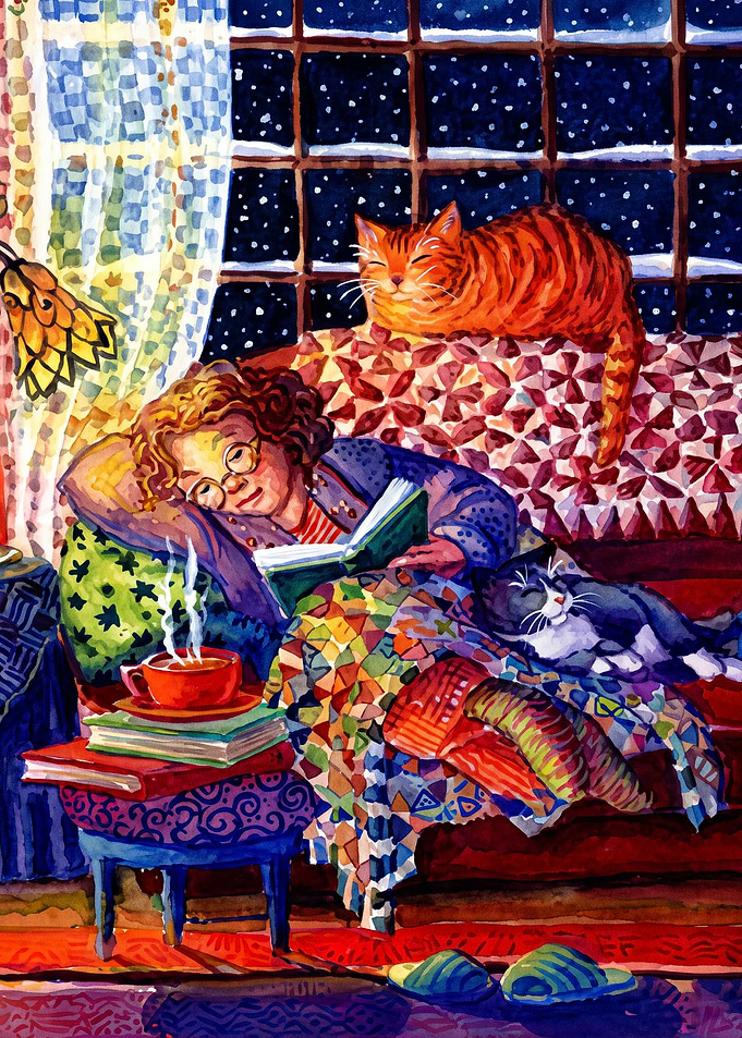 Cozy Cat Reading Winter Watercolor