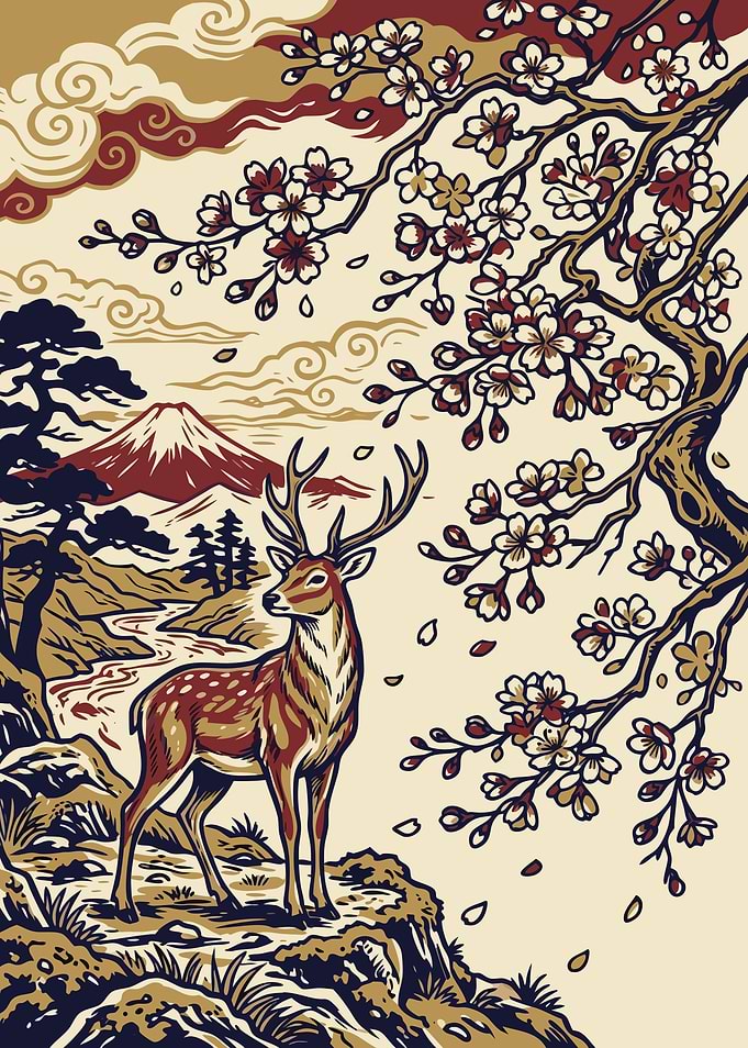 Japanese Deer and Cherry Blossoms – Ukiyo-e Art