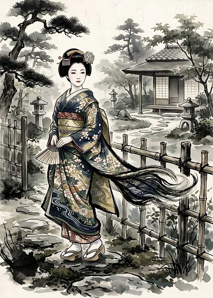 Elegant Geisha in Traditional Garden
