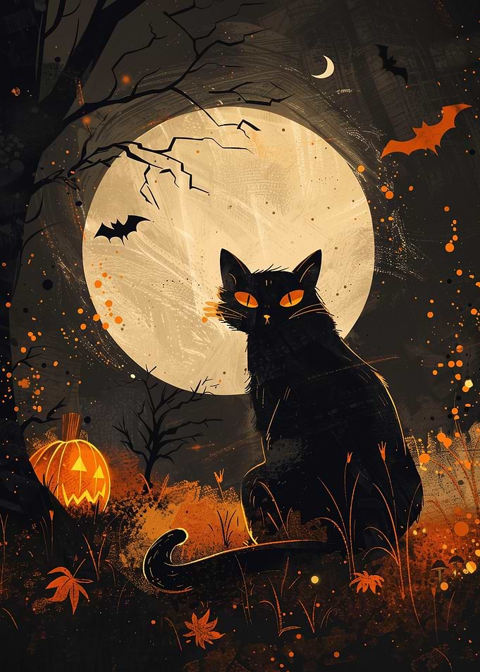 Black Cat Halloween Night Illustration
