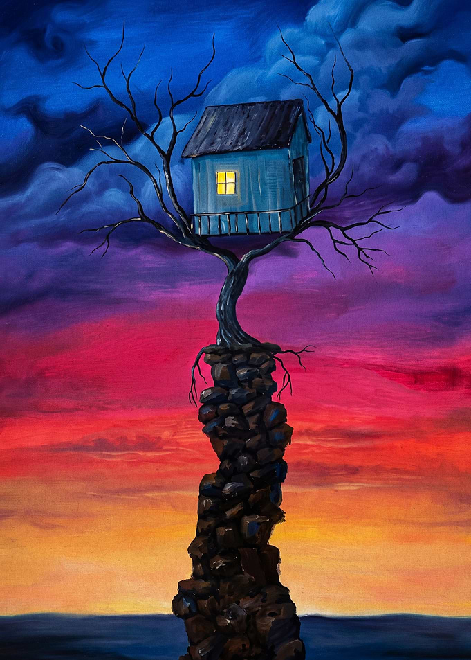 Treehouse Cliff Sunset Surreal Art