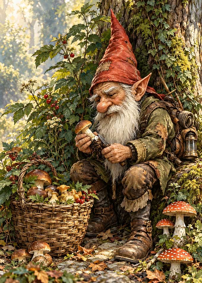 Elderly Gnome Foraging Mushrooms in Forest
